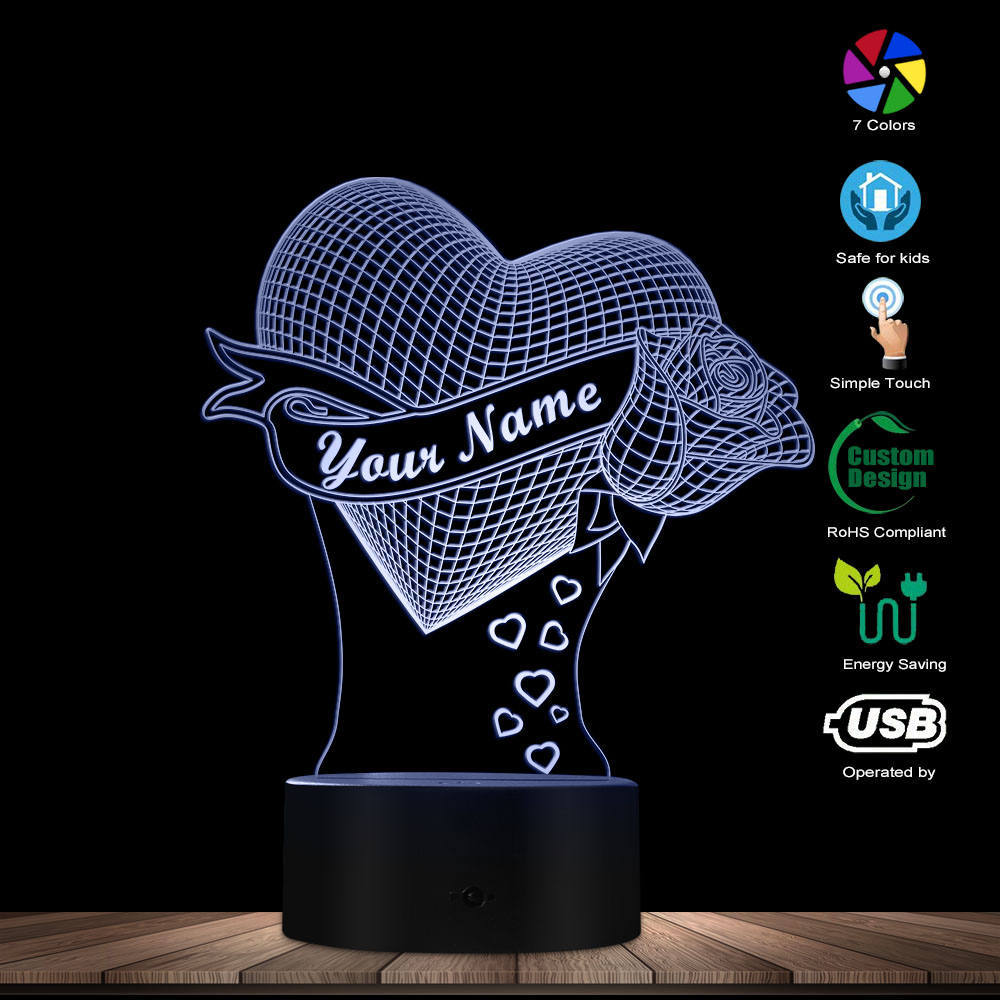 Loving Heart With Rose - Custom 3D Effect Optical Illusion Table Lamp