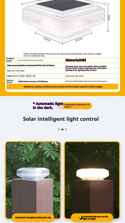 Solar Powered Square Column Headlights For Outdoor Courtyards