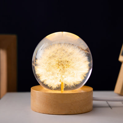 Luminous 3D Dandelion Crystal Ball Beech Wood Stand Base Preserved Flower Sphere Ball Desktop Ornaments