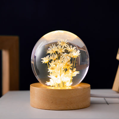 Luminous 3D Dandelion Crystal Ball Beech Wood Stand Base Preserved Flower Sphere Ball Desktop Ornaments