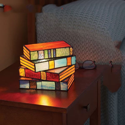 Stacked Books Lamp - Nightstand Desk Lamps Resin Handicraft Stacked Books Light Stained Glass Table Desk Reading Light Decorative