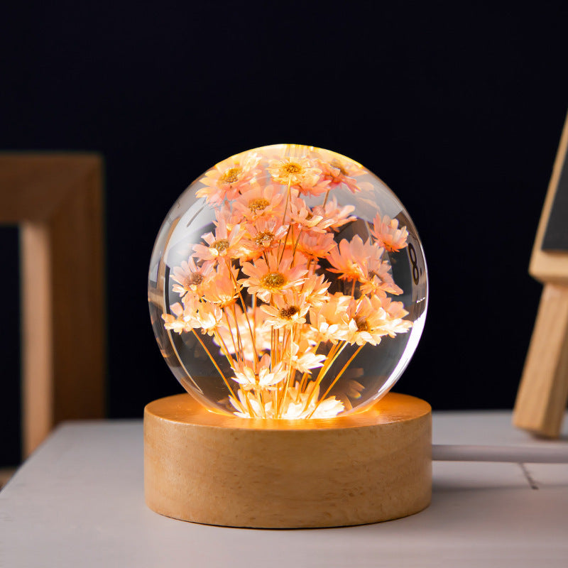 Luminous 3D Dandelion Crystal Ball Beech Wood Stand Base Preserved Flower Sphere Ball Desktop Ornaments