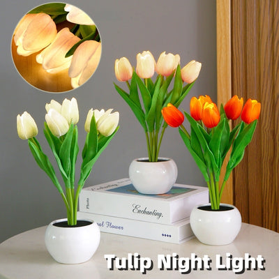 LED Tulip Flower Night Light Artificial Flowerpot Potted Plant Landscape Table Lamp